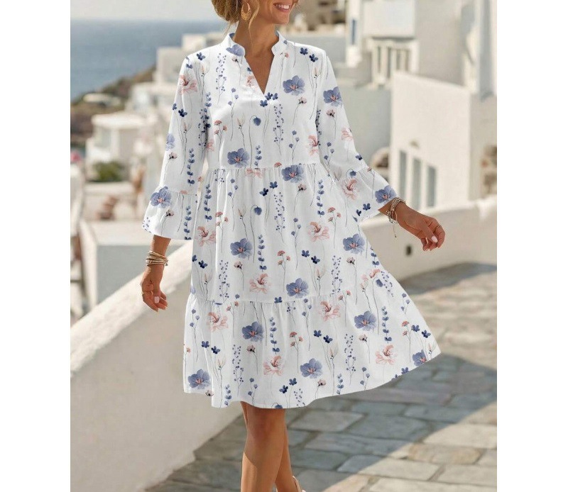 Boho V-Neck Midi Dress Floral Print Bell Sleeve A-Line