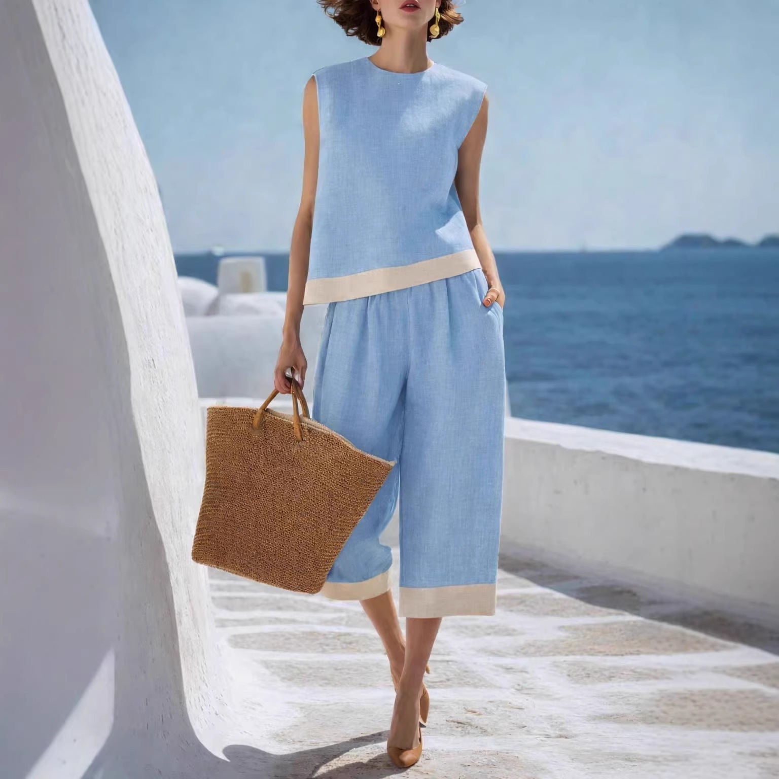 Women's Spring Summer Cotton Linen Blend Sleeveless Top Set Casual