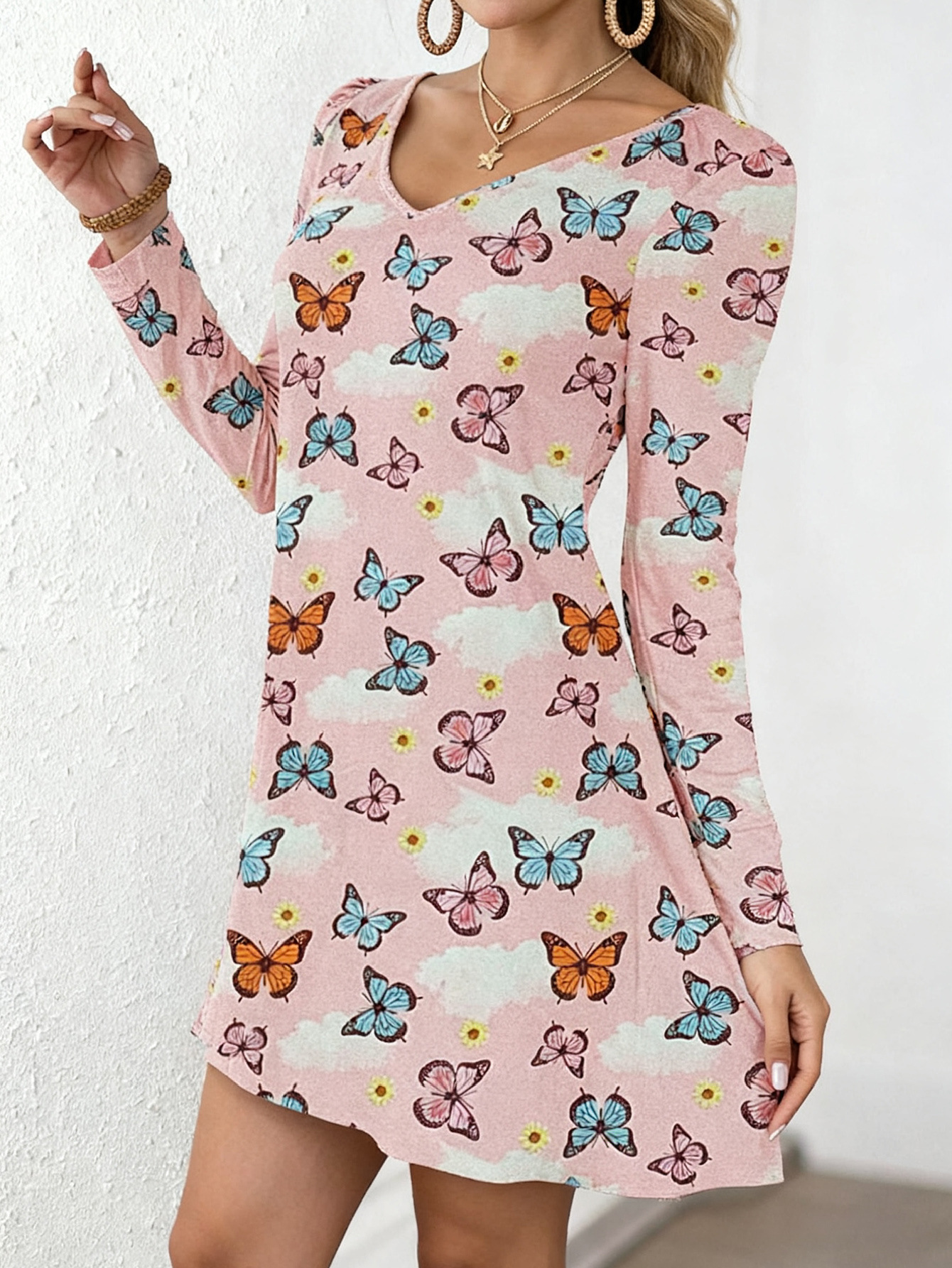 Women's Deep V-Neck Printed A-Line Dress Long Sleeve Casual