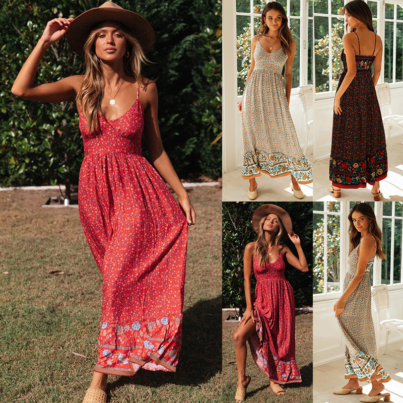 Bohemian V-Neck Floral Maxi Dress with Spaghetti Straps