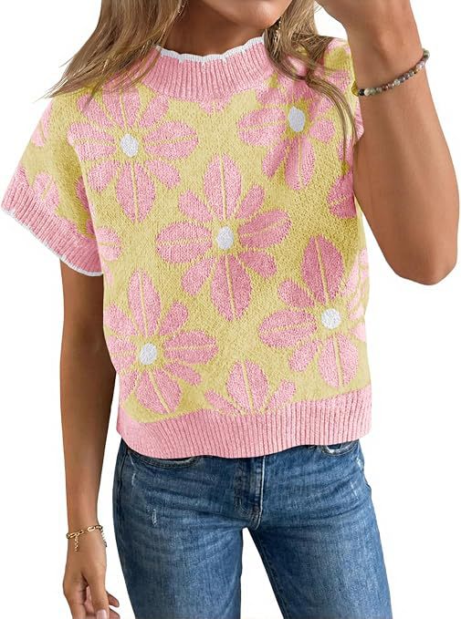 Women's Floral Knit Short Sleeve Sweater Vintage Crew Neck Loose Summer Pullover