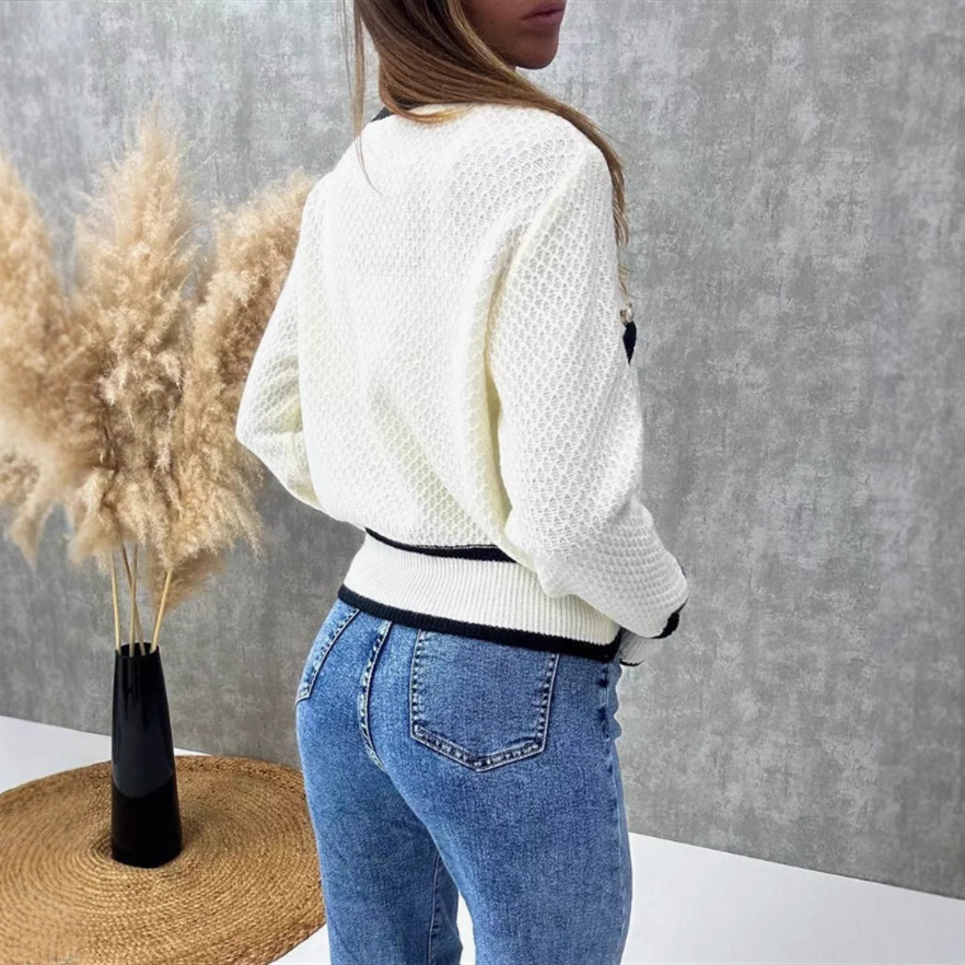 Women's Color-Block Knit Cardigan with Pearl Buttons Long Sleeve V-Neck
