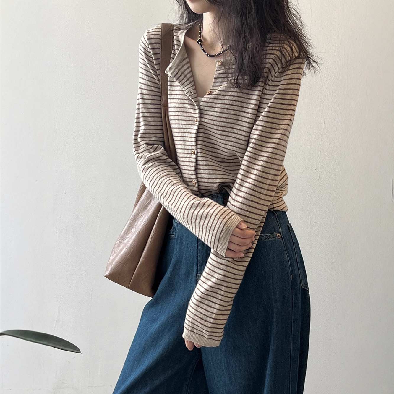 Women's Color-Block Striped Knit Cardigan Crewneck Lightweight Sweater Coat