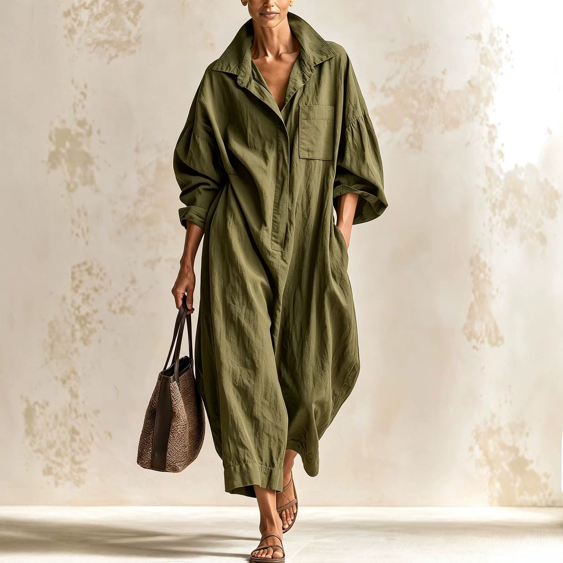 Cotton-Linen Collared Long-Sleeve Wide-Leg Jumpsuit