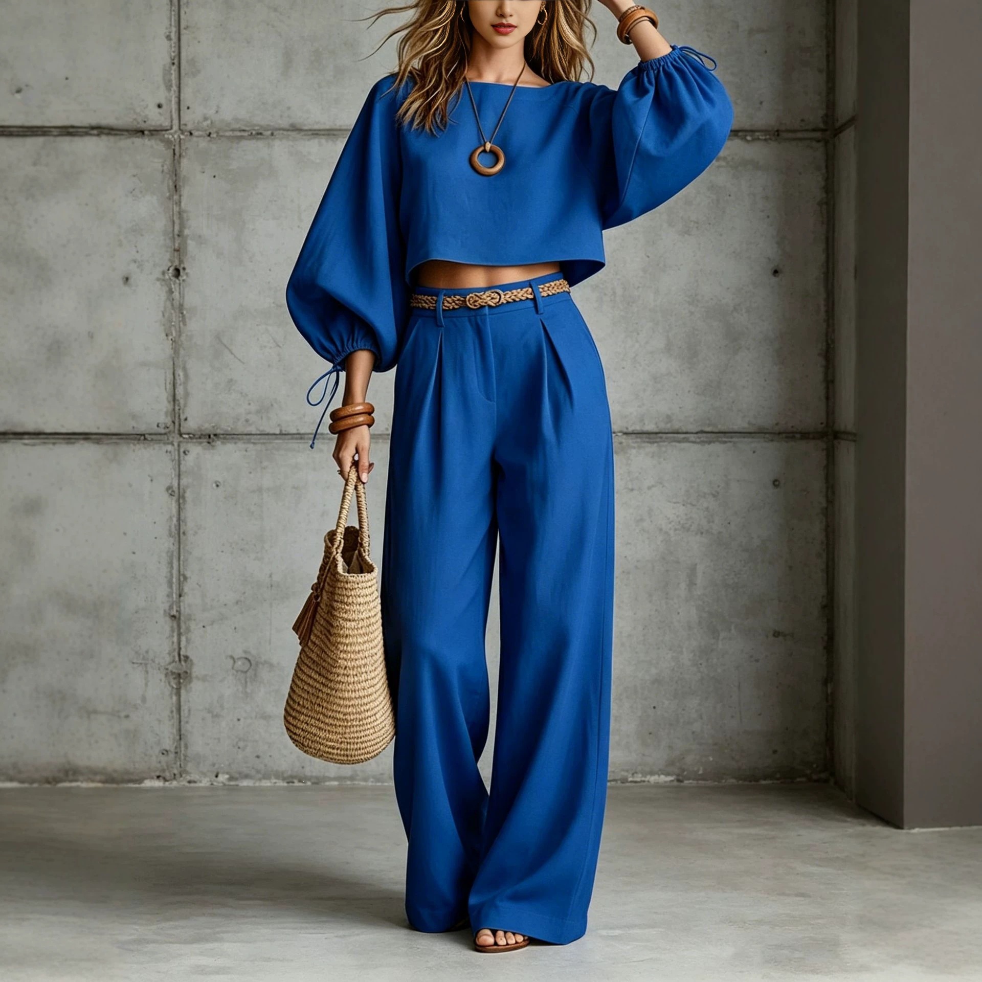 Women's Puff Sleeve Crop Top and Wide-Leg Pants Two-Piece Set