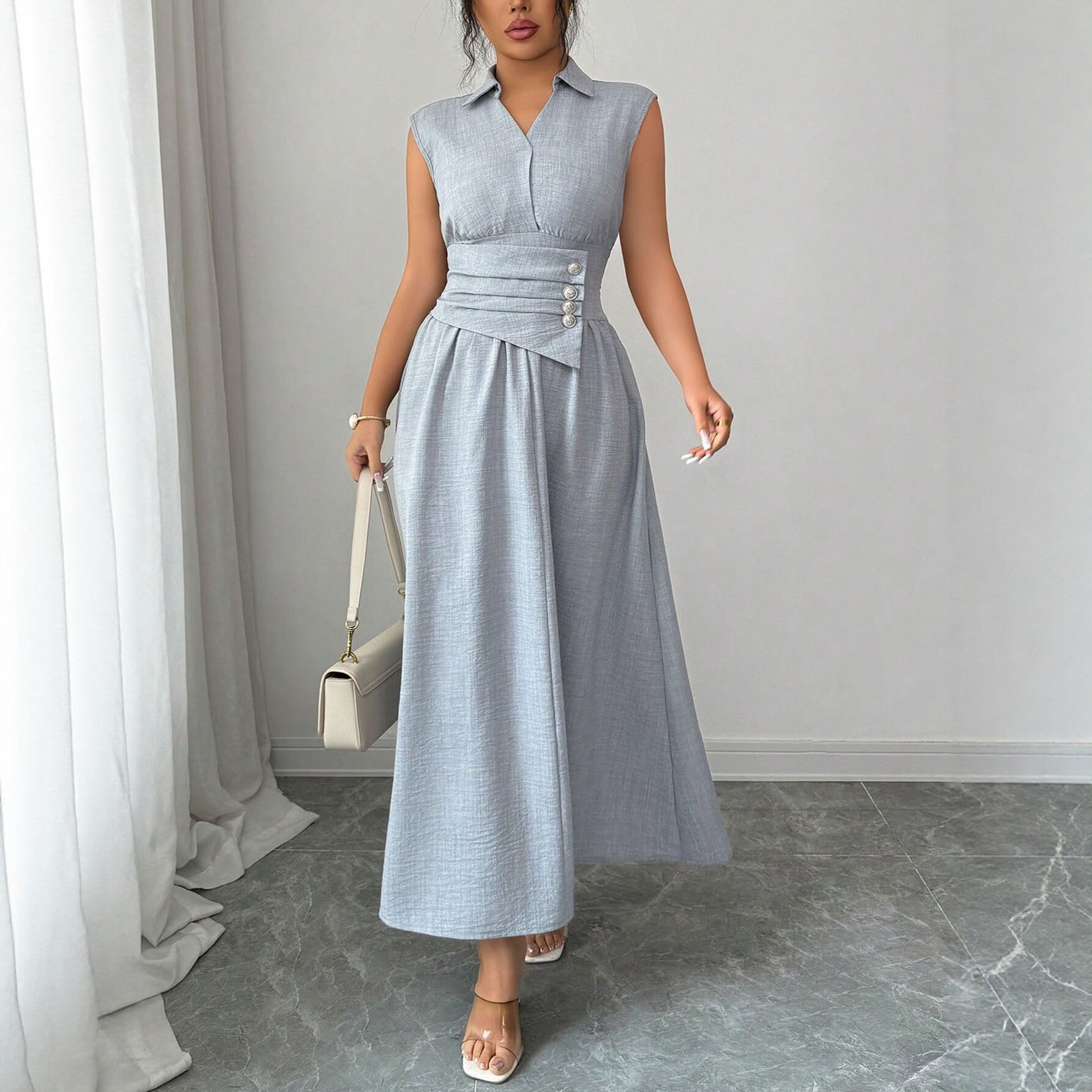 V-Neck Sleeveless Ruffle A-Line Midi Dress