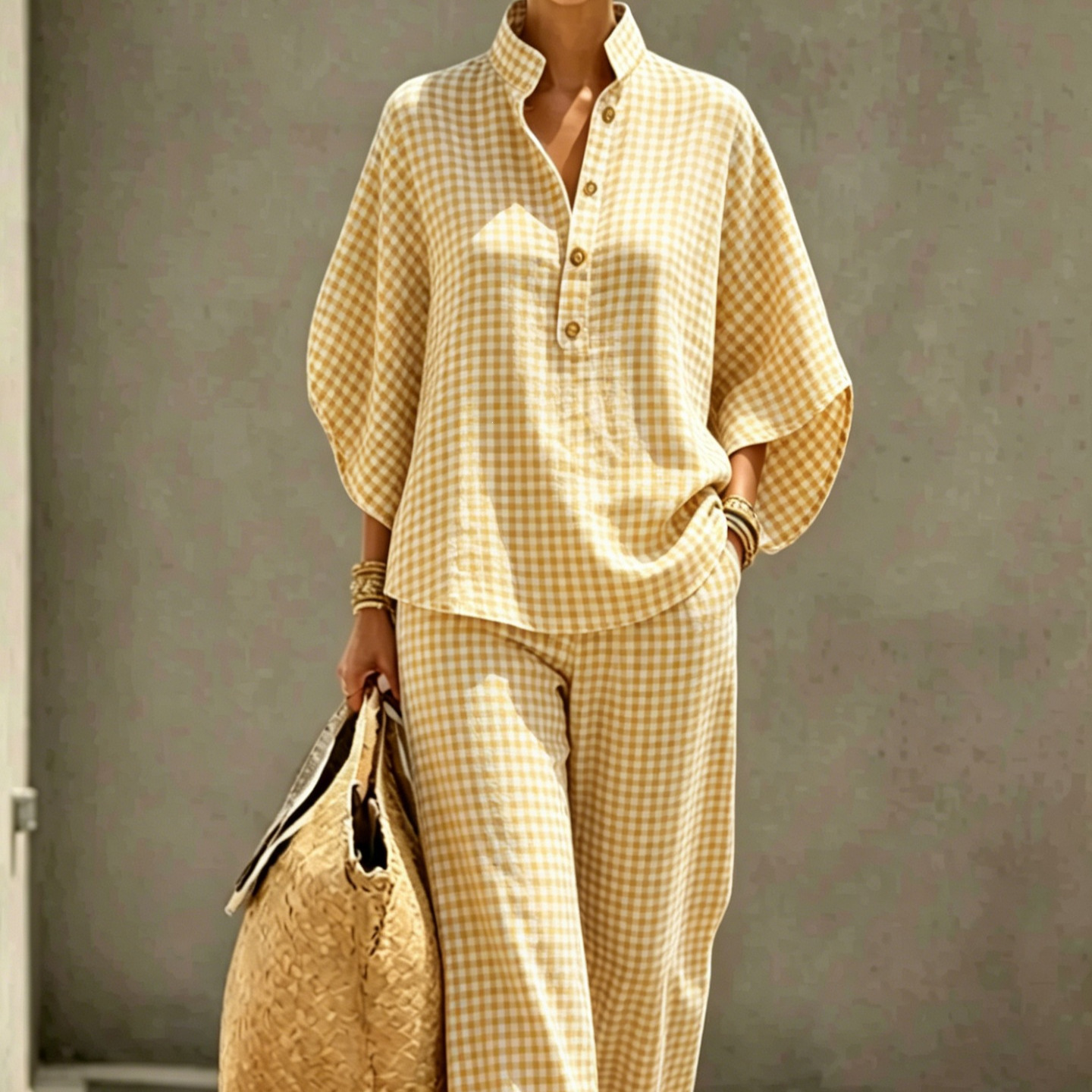 Women's Striped Plaid Print Long Sleeve Button Collared Top Set