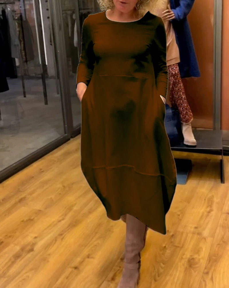 Women's Solid Color Round Neck Long Sleeve Maxi Dress