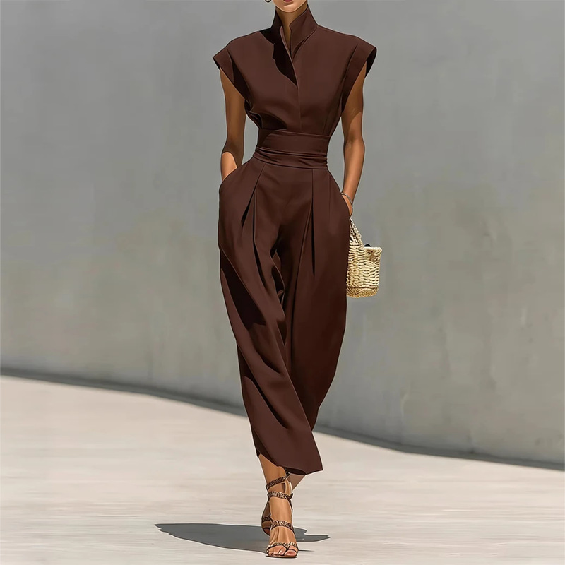 Elegant Stand Collar Solid Color Flutter Sleeve Dress