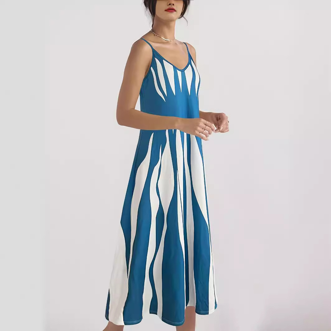 Women's Sleeveless V-Neck Printed Maxi Dress Casual Spaghetti Strap Long Dress