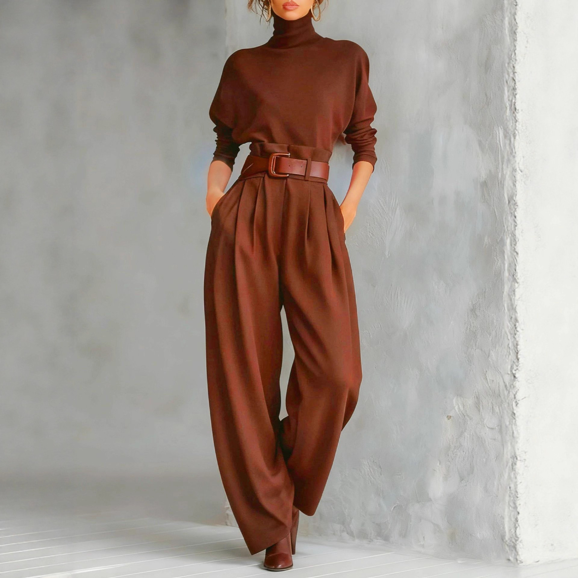Solid High Neck Top & Wide Leg Pants Two-Piece Set with Belt