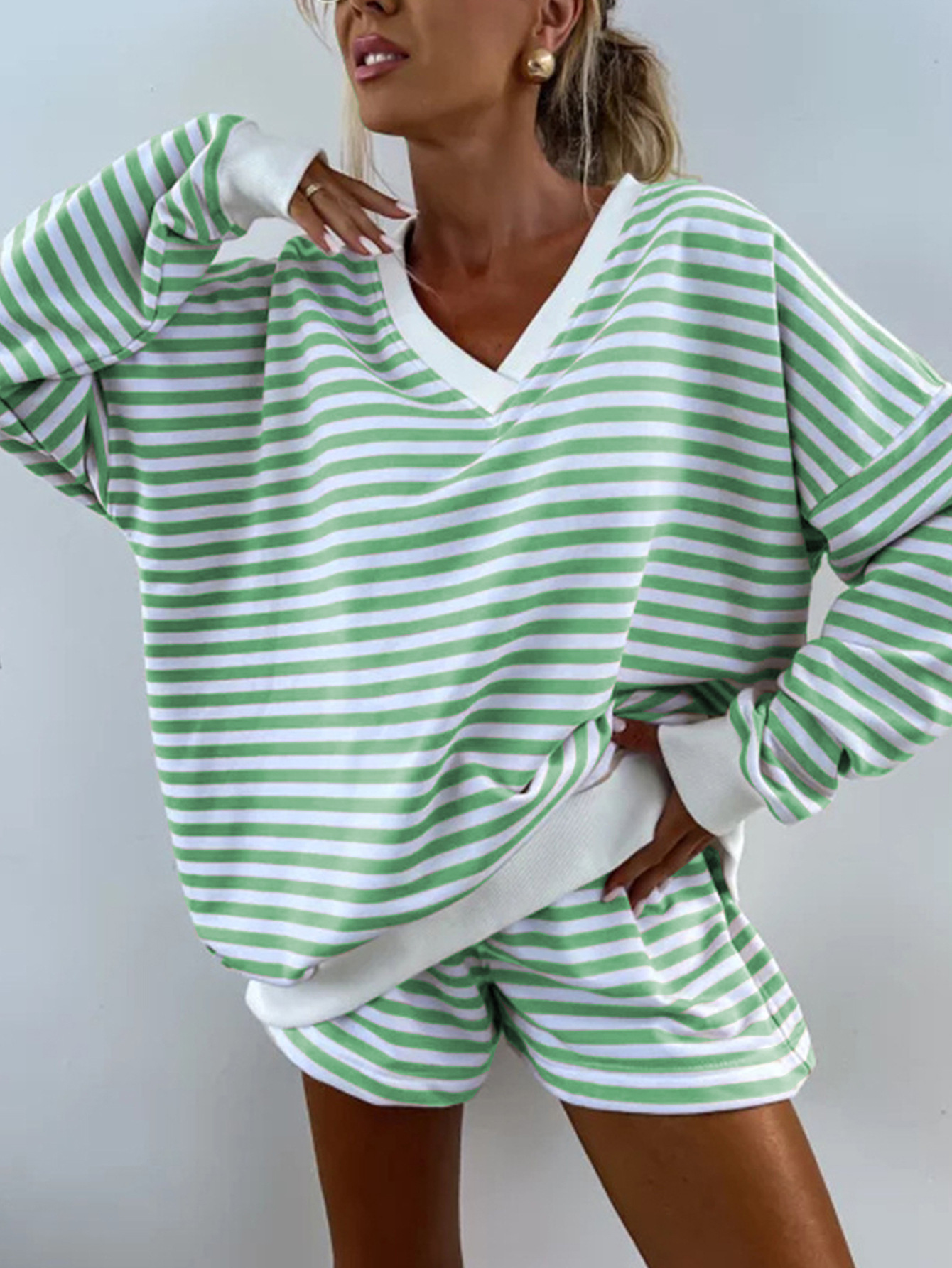 Women's Striped V-Neck Long Sleeve T-Shirt and Shorts Casual Set