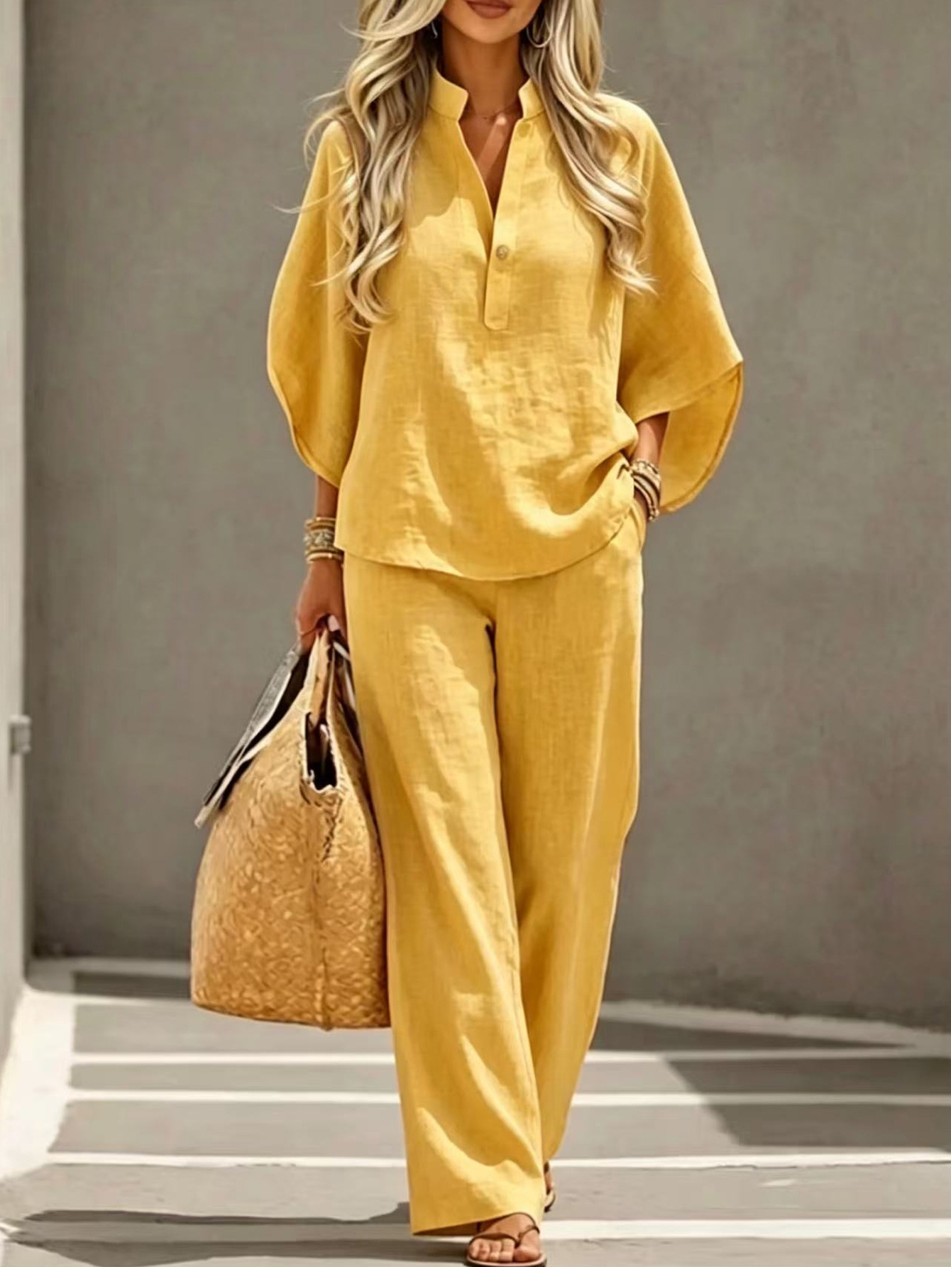Women's Casual Two-Piece Shirt and Pants Set Solid Color