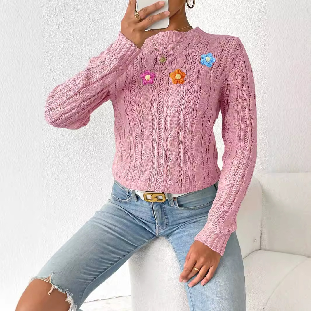 Women's Round Neck Pullover Sweater with Hand-Crochet Floral Appliqué