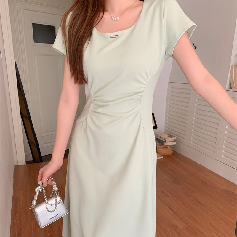 Women's French Tea Break A-Line Midi Dress Short Sleeve Round Neck Solid Color
