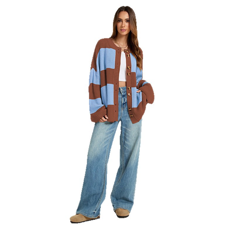 Striped Color-Block Knit Cardigan Sweater Coat