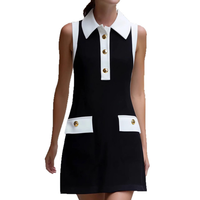 Color-Block Polo Collar Sleeveless A-Line Midi Dress