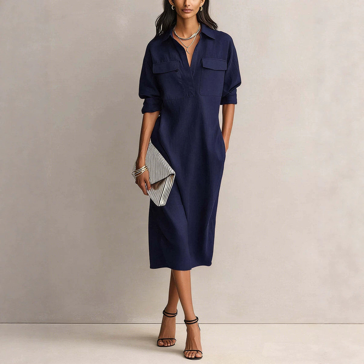 Button-Front Cotton-Linen Blend Midi Dress