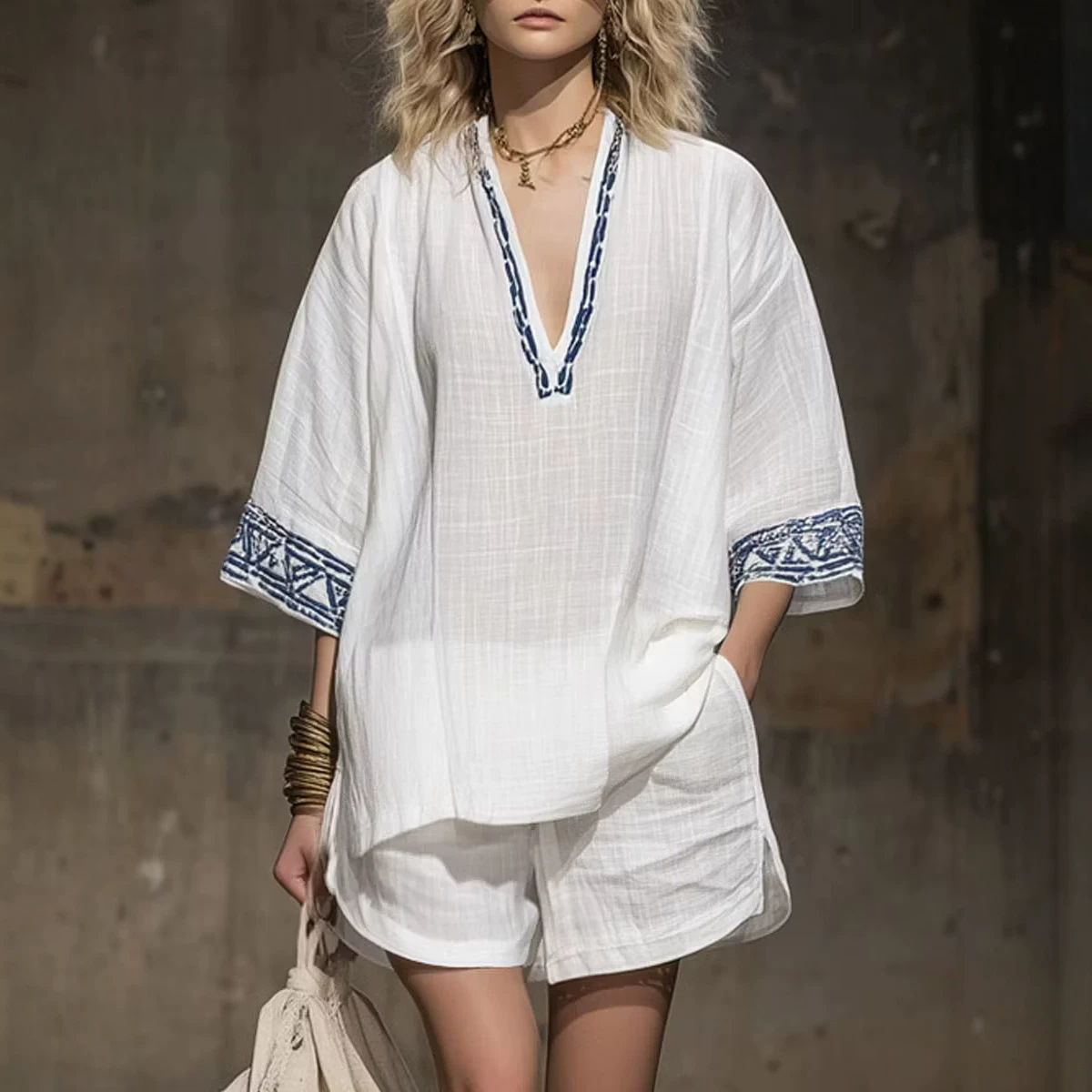 Bohemian Linen-Blend Printed V-Neck Short Sleeve Top and Shorts Set