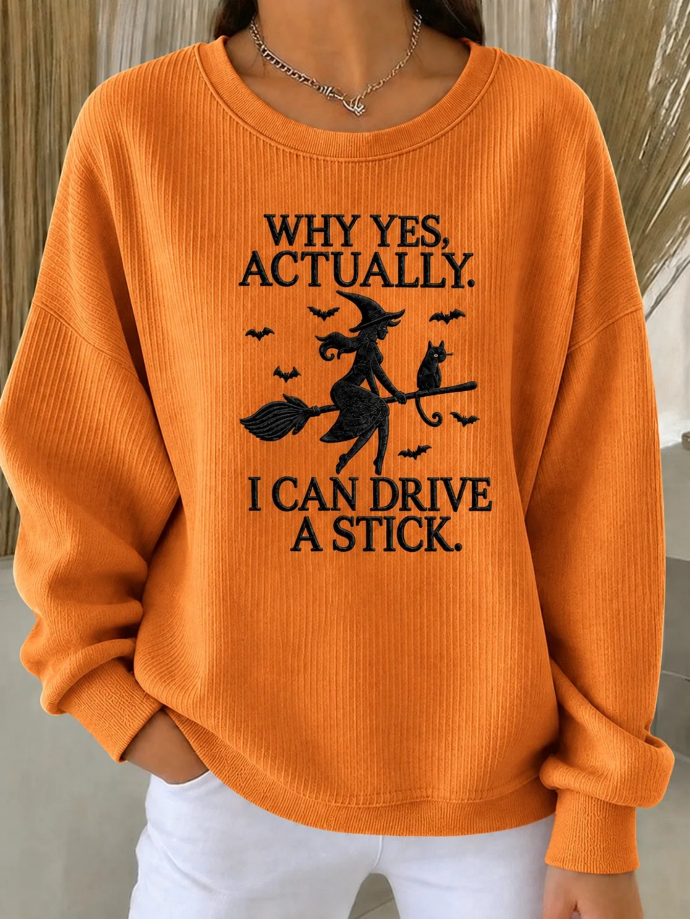 Halloween Witch Broom Print Crewneck Long-Sleeve Pullover Sweatshirt