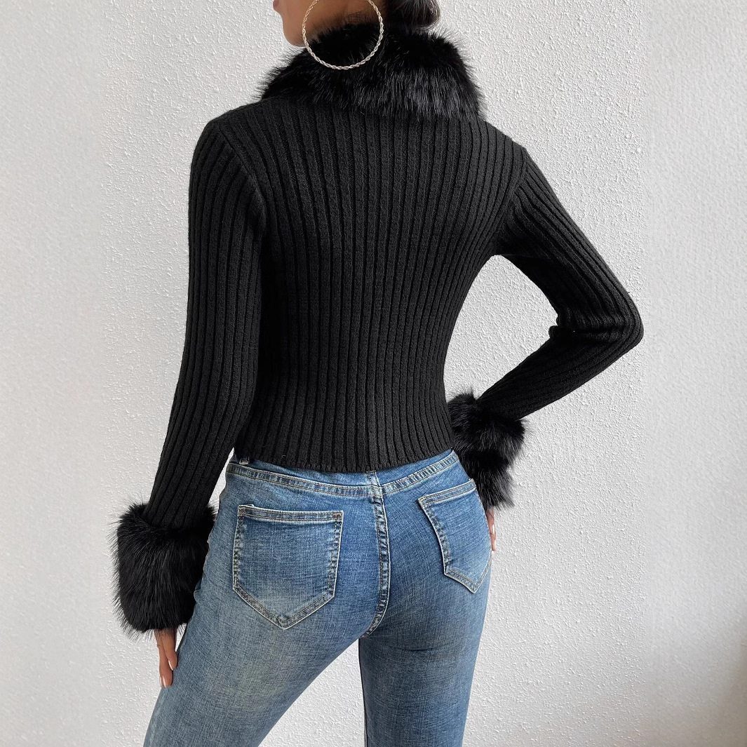 V-Neck Slim-Fit Knit Cardigan with Faux Fur Trim