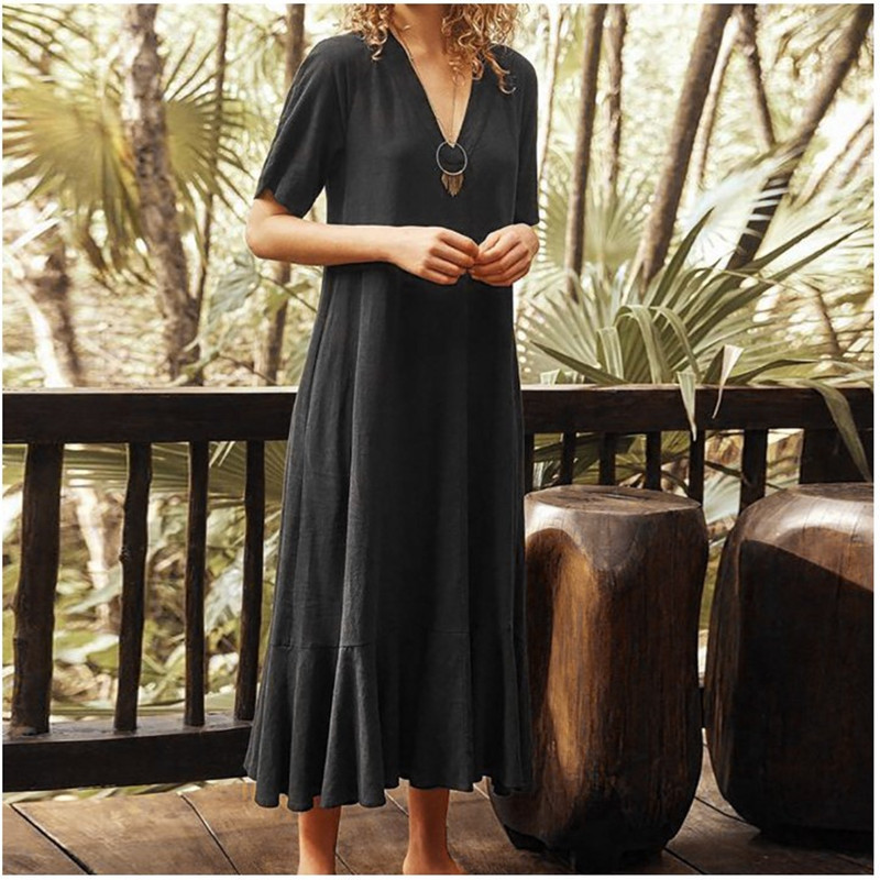 Women's Solid V-Neck Tie Short Sleeve A-Line Long Dress