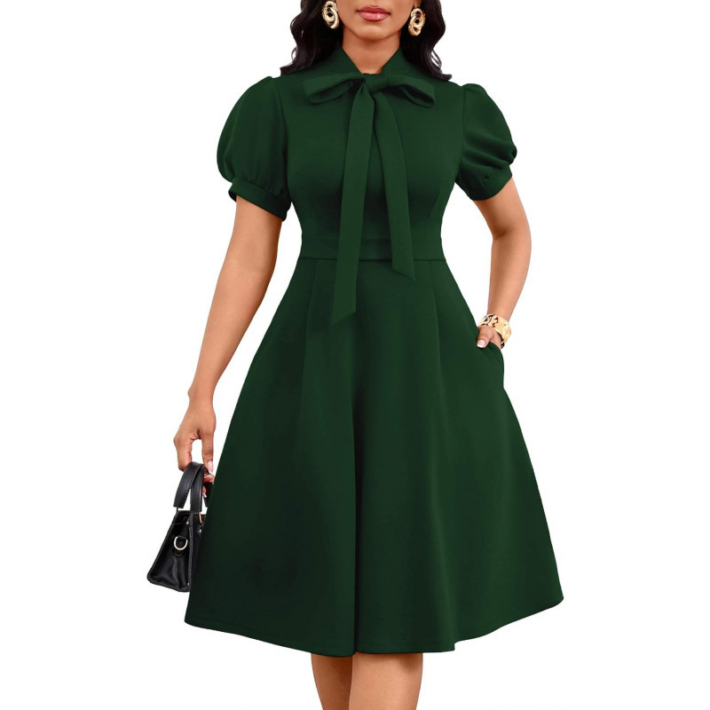 Women's Puff Sleeve Midi Dress A-Line Tie-Neck