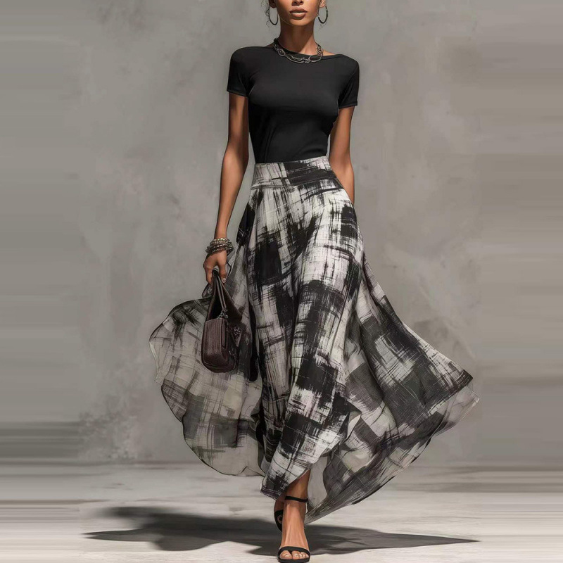 Women's Colorblock Knit Top and Midi Skirt Two-Piece Set