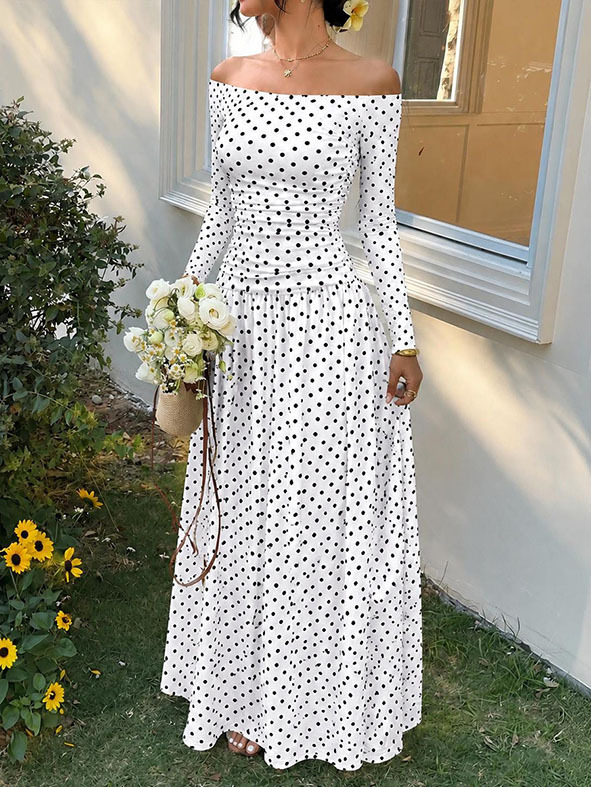 Sexy Off-Shoulder Polka Dot A-Line Dress with Waist-Cinching Silhouette