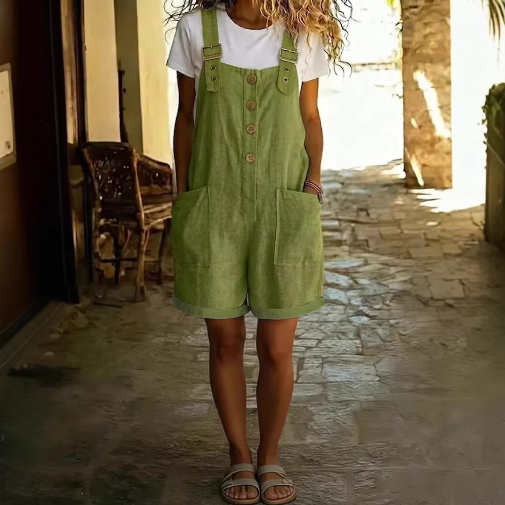 Women's Cotton-Linen Solid Color Vintage Straight-Leg Overall Shorts with Pockets
