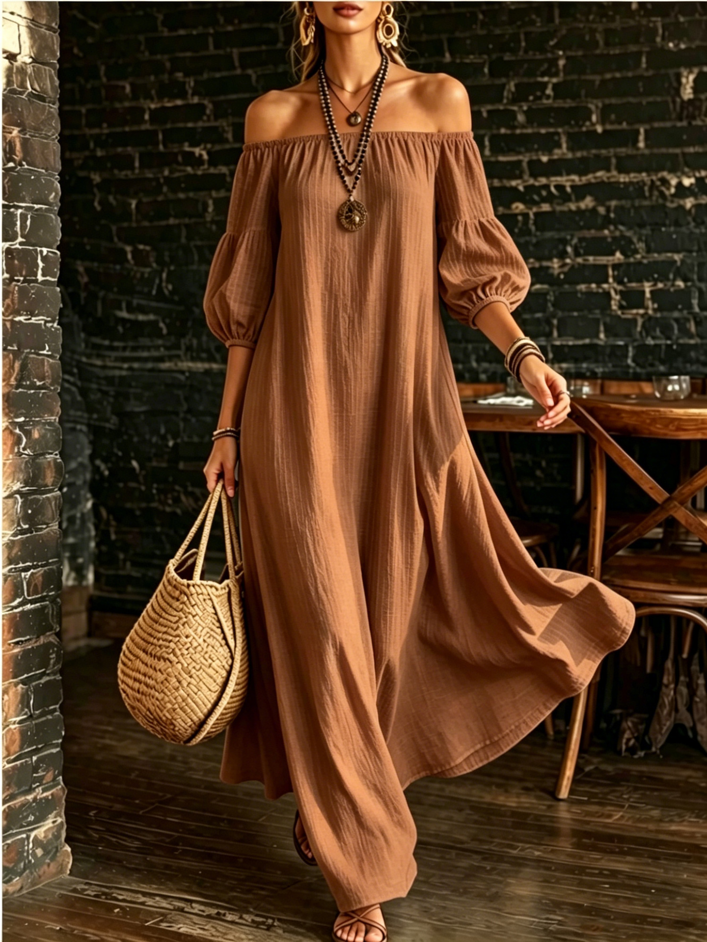 Off-Shoulder Puff Sleeve Textured Solid Color Dress Women Loose Flowy Vacation Beach Long Dress