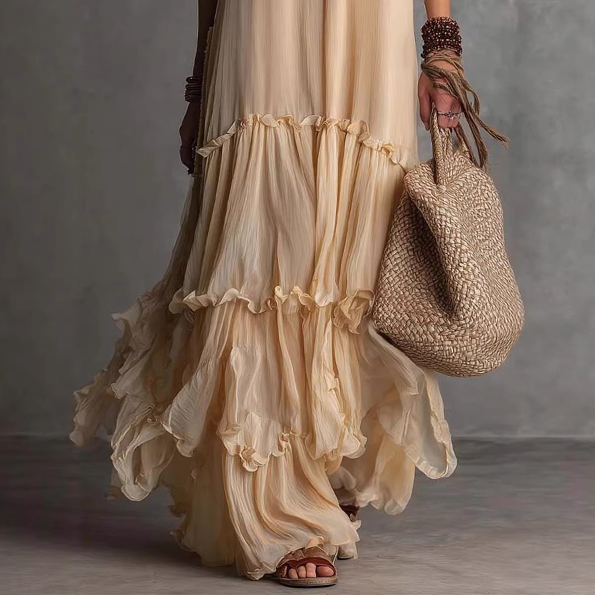 Women's Sleeveless Pleated Maxi Dress with Ruffled Neckline
