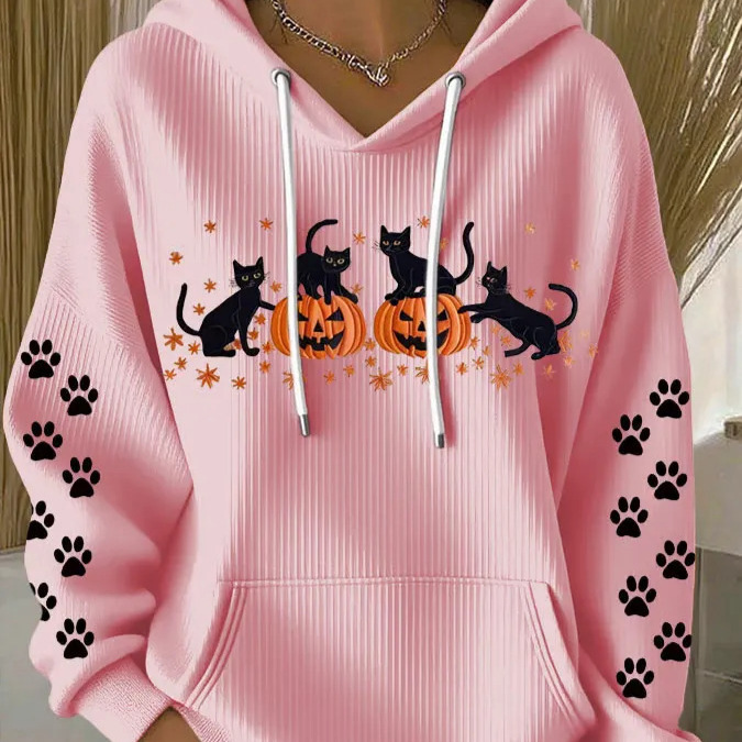 Women's Halloween Cat Pumpkin Paw Print Hoodie