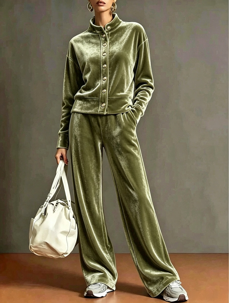 Women's Velvet Stand-Collar Cardigan Hoodie & Wide-Leg Pants Set