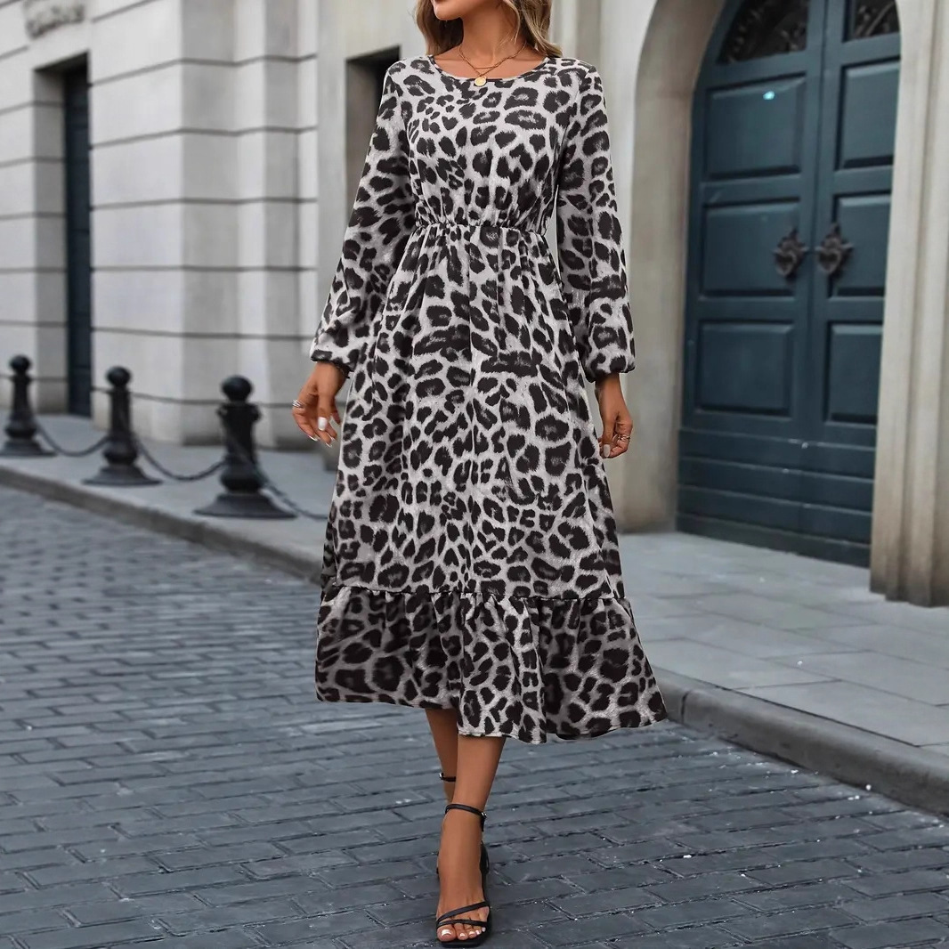 Elegant Leopard Print Lantern Sleeve Ruffle A-Line Midi Dress