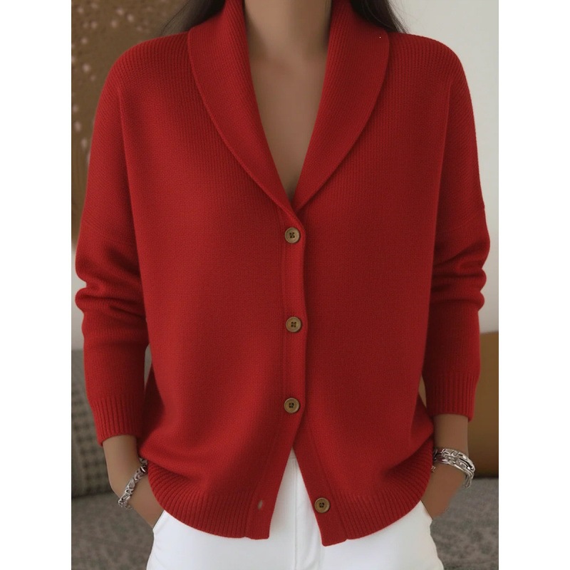 Women's Soft Knit Cardigan Loose Lazy Style Collared Button-Down Long Sleeve Solid Color