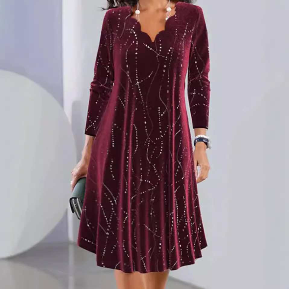 V-Neck Long Sleeve Sequin Dress