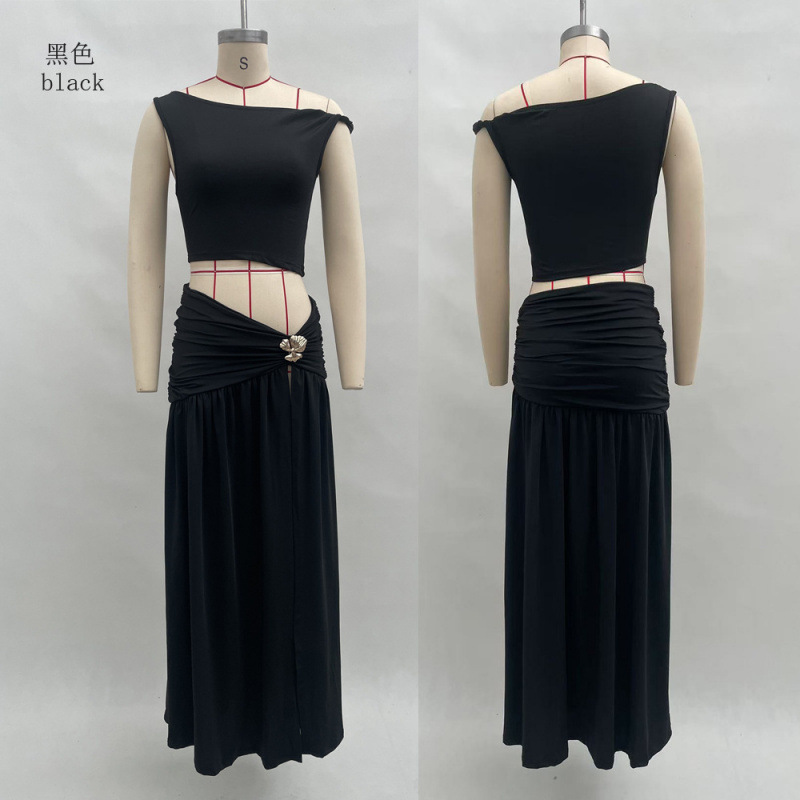 Sexy One-Shoulder Crop Top & Side-Slit Skirt Set