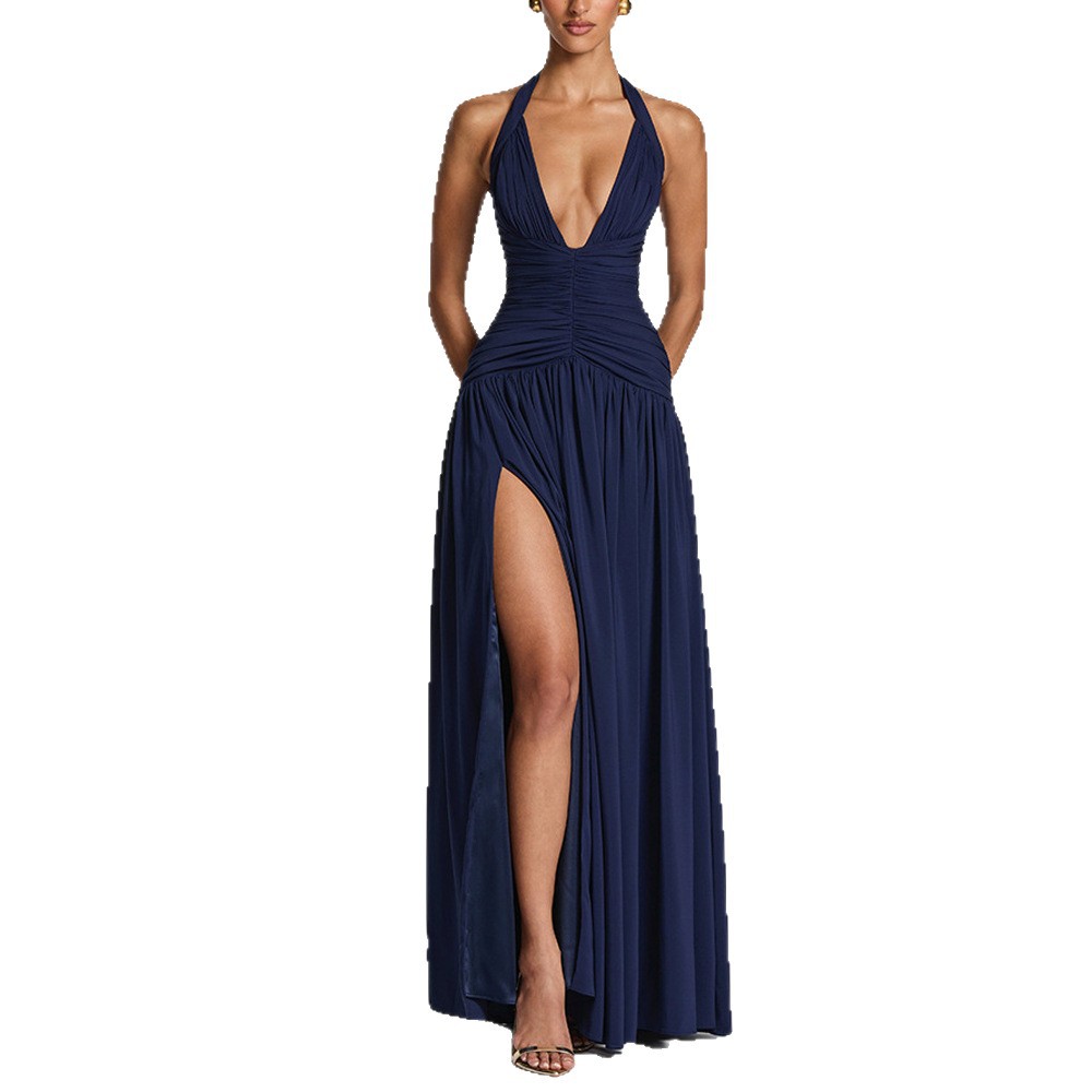 Women's Summer Halter Deep V Open Back Pleated Waist Mermaid Evening Dress