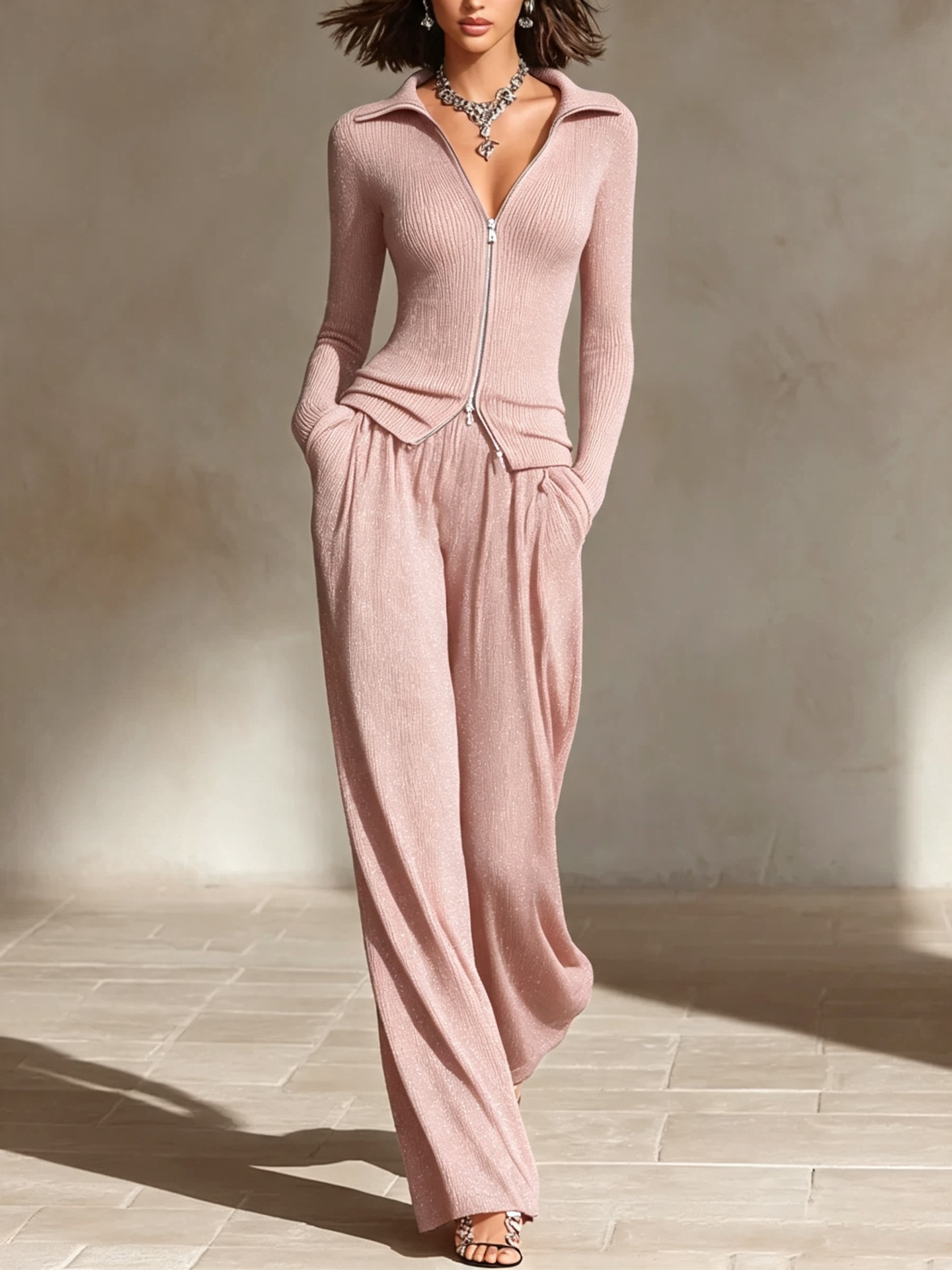 Women's Collared Double-Zip Knit Fitted Top and Wide-Leg Pants Set