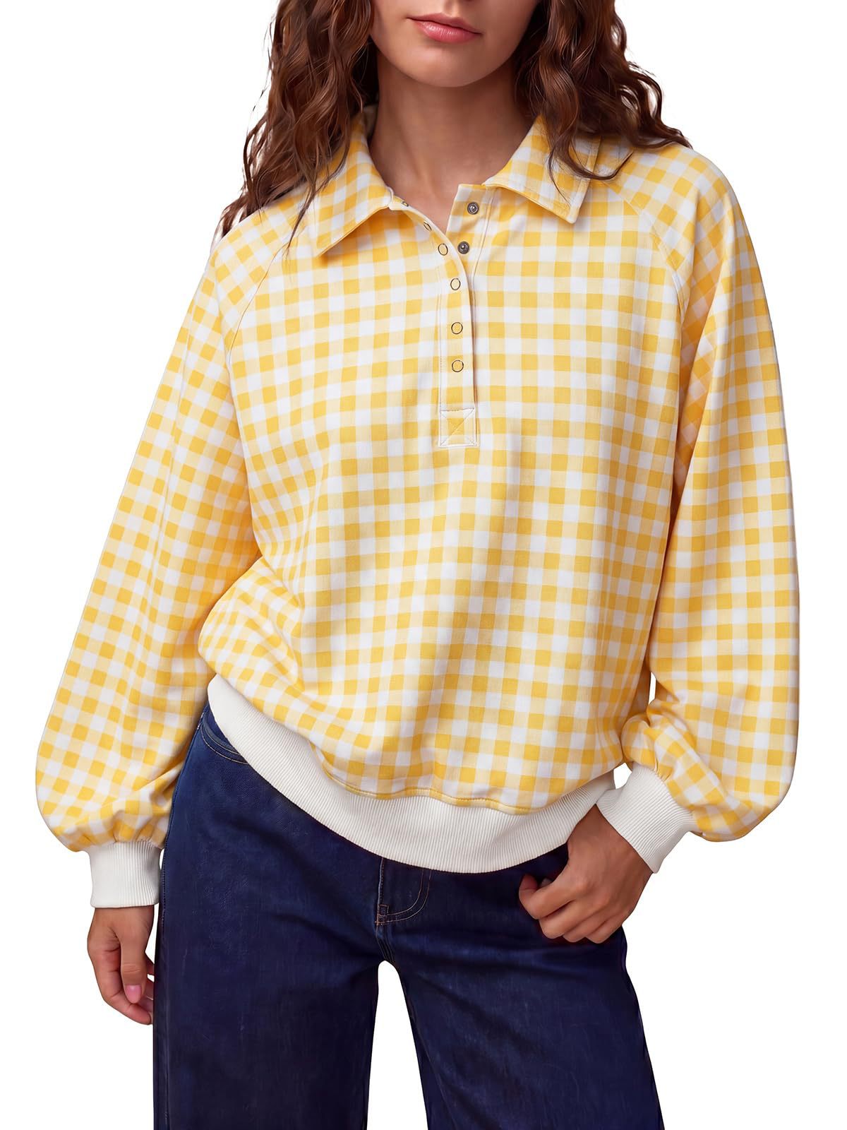 Women's Plaid Polo Neck Loose Long Sleeve Pullover Sweatshirt