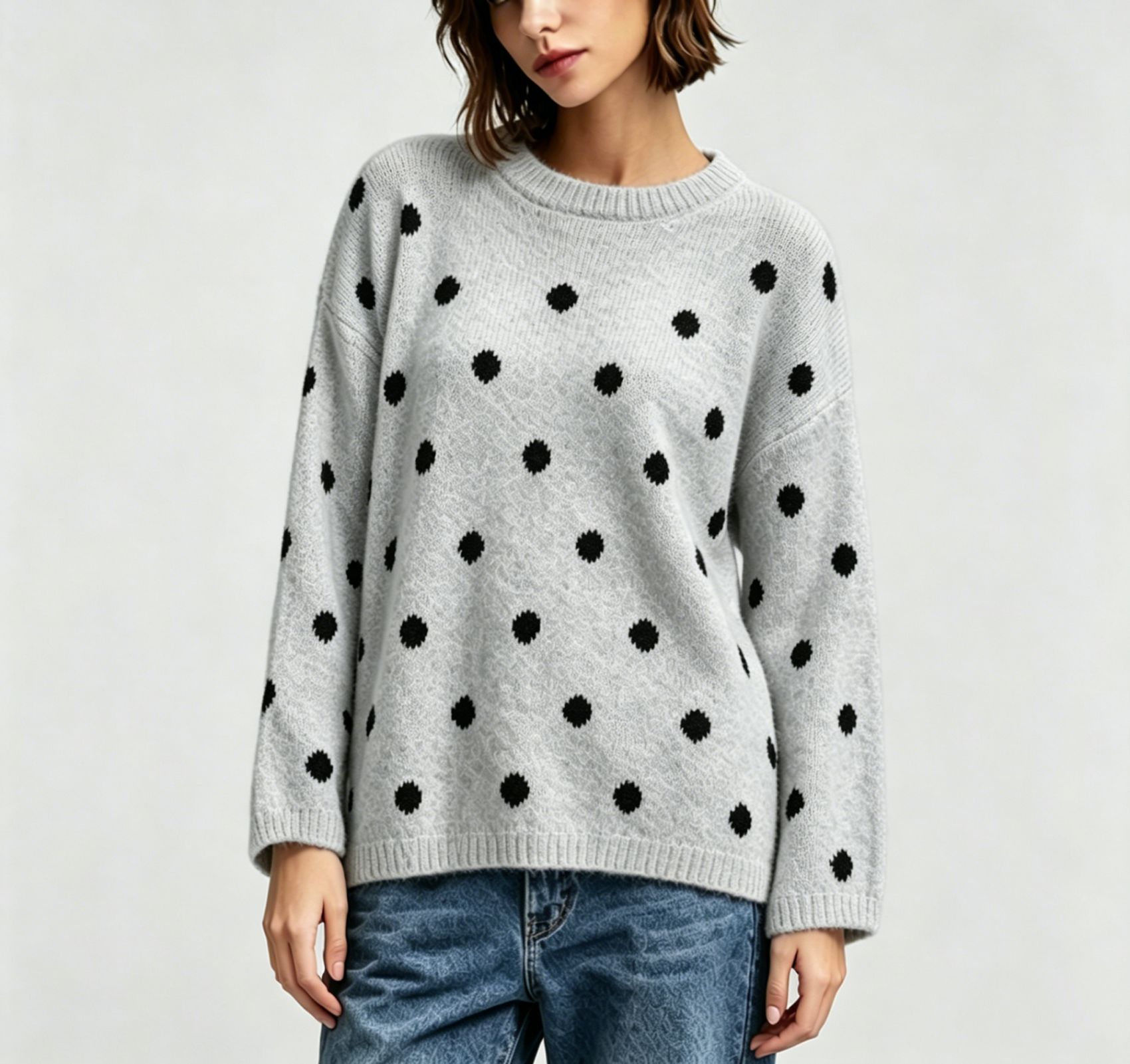 Polka Dot Crewneck Pullover Sweater for Women Soft Knit Top