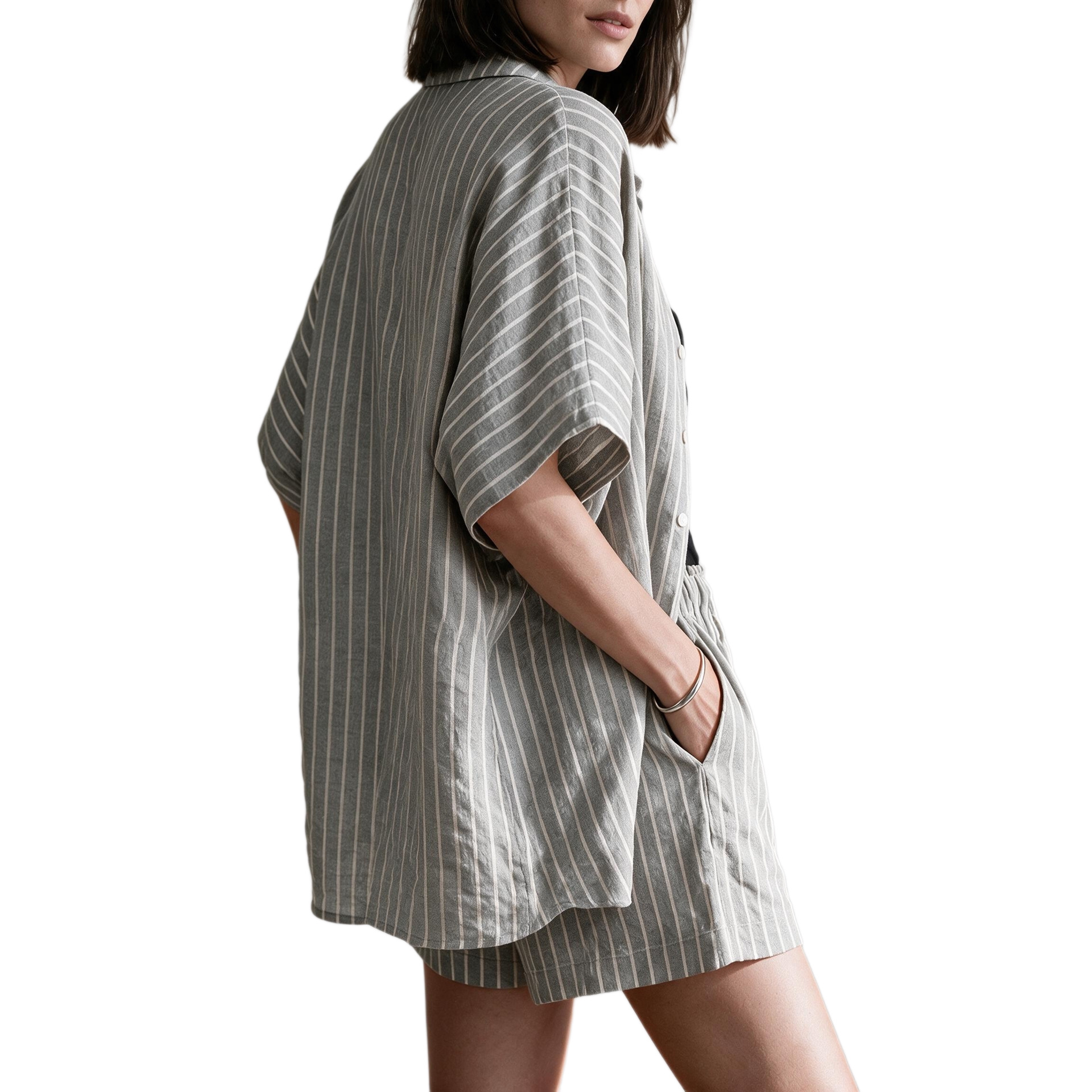 Striped Short Sleeve Shirt and Pocket Shorts Casual Two-Piece Set