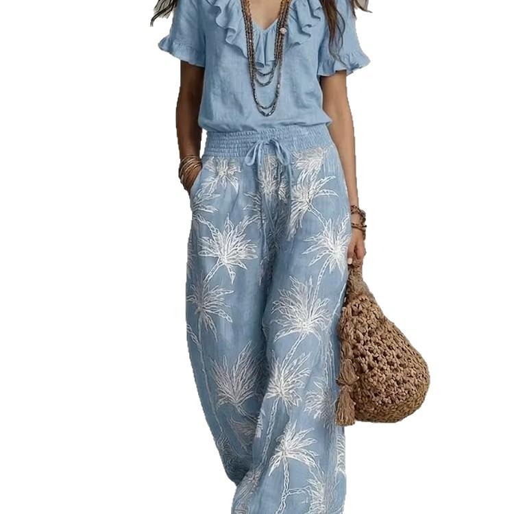 Ruffled V-Neck Short-Sleeve Printed Wide-Leg Pant Set