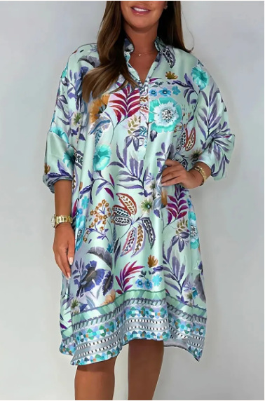 Women's V-Neck Floral Print Midi A-Line Dress with Puff Sleeves