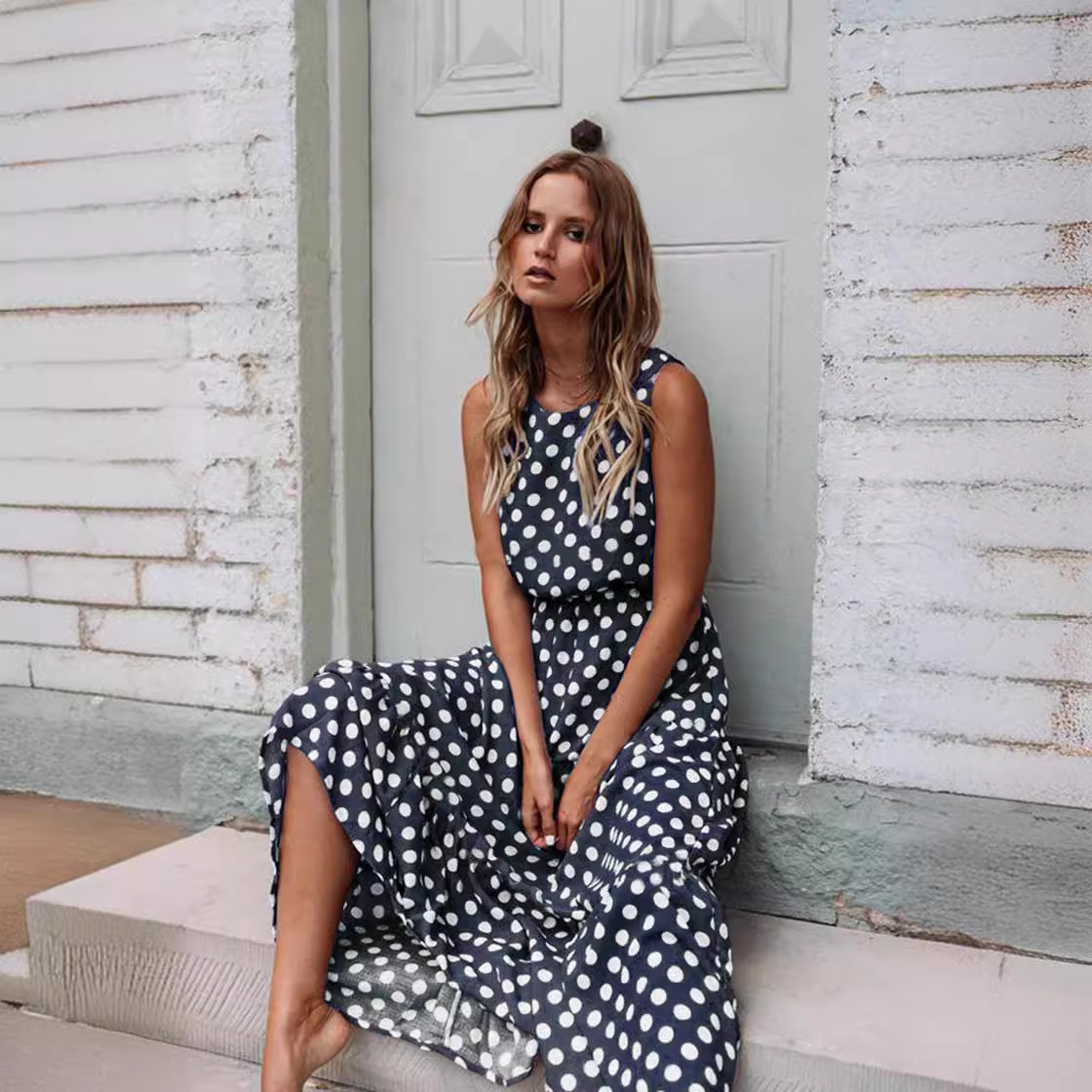 Polka Dot Print Round Neck Long Dress