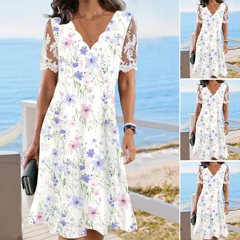 Women's Floral Print Lace Short Sleeve Wave Neck Dress