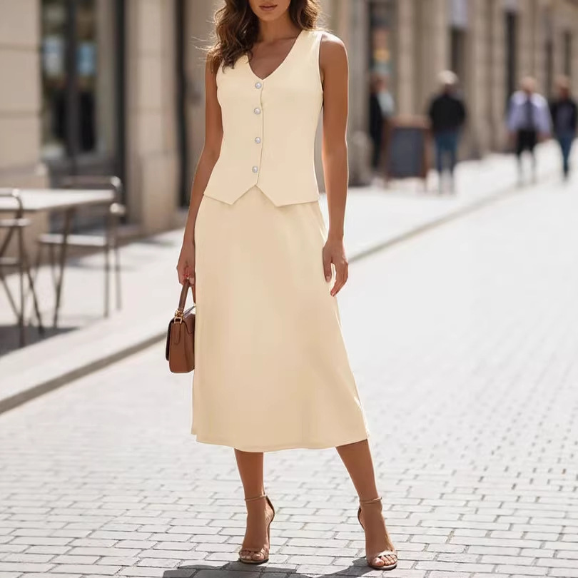 Elegant V-Neck Button Vest and Long Skirt Two-Piece Set