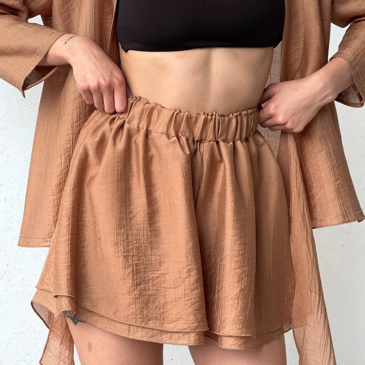 Women's Long Sleeve Solid Loose Shirt and Shorts Two-Piece Set