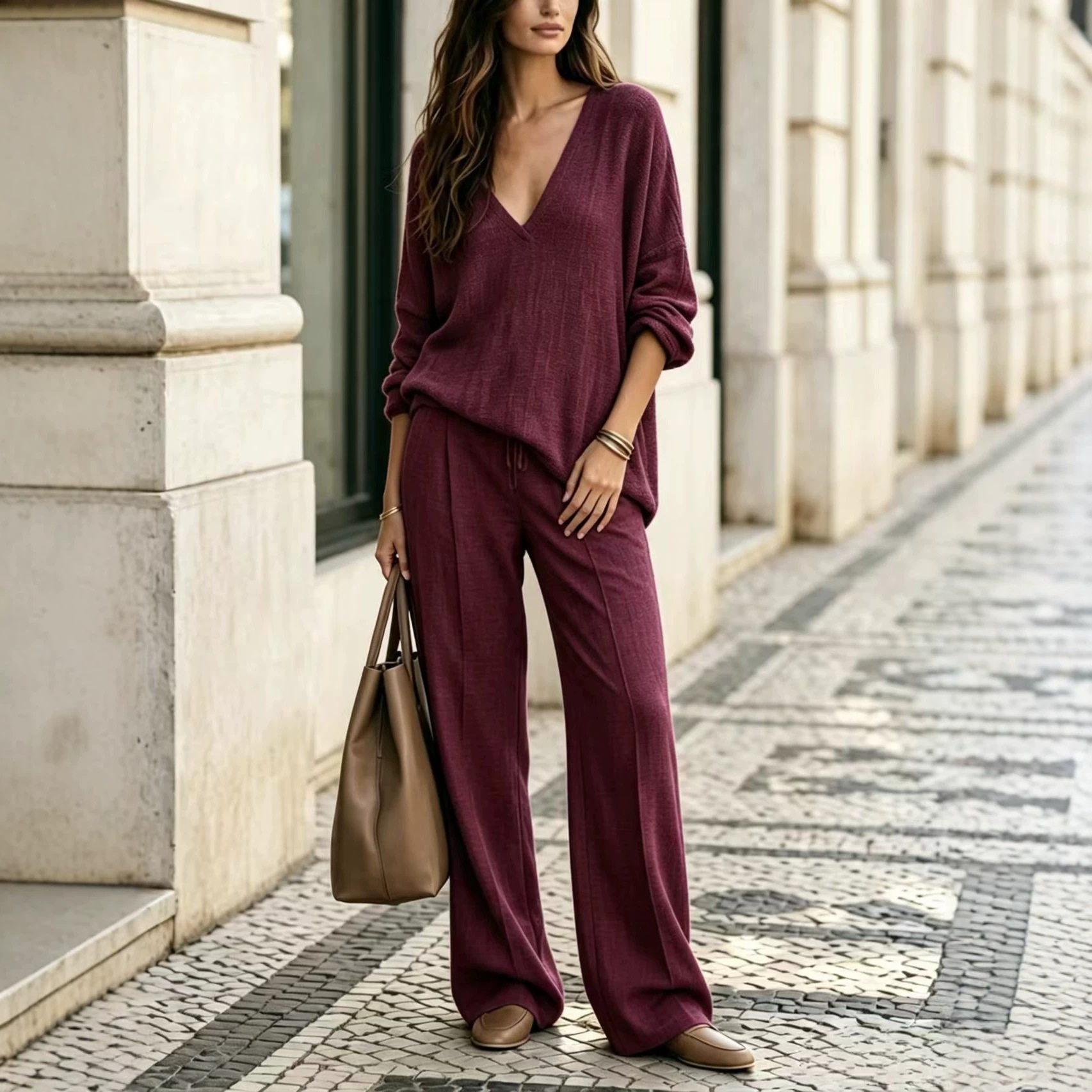 Women's Casual Solid V-Neck Long-Sleeve Top and Pants Set